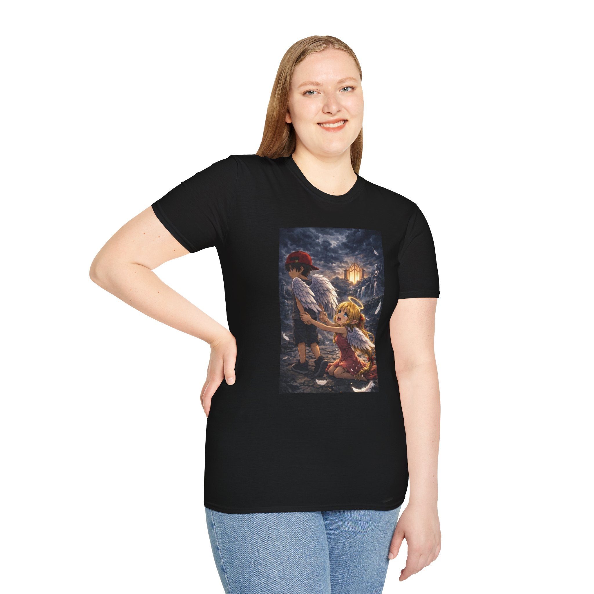 Anime Fantasy T-Shirt — Winged Child and Guardian Cottage Scene