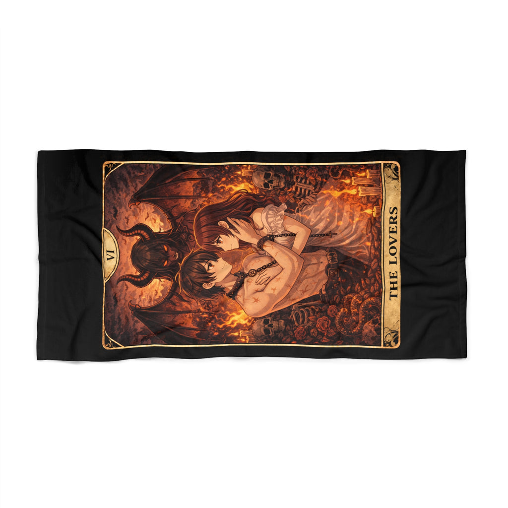 The Lovers Tarot Beach Towel — Gothic Demon Card Design, Occult Bath & Pool Towel
