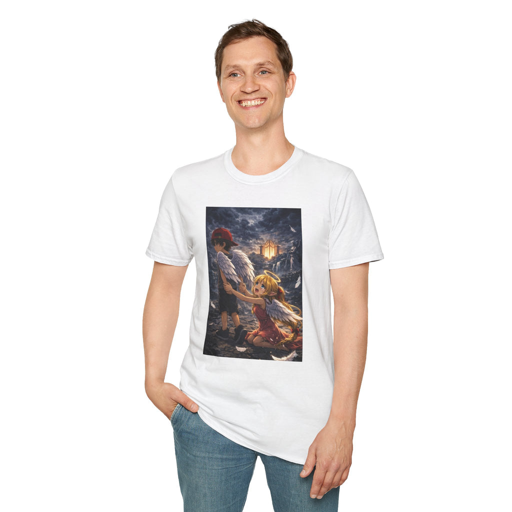Anime Fantasy T-Shirt — Winged Child and Guardian Cottage Scene