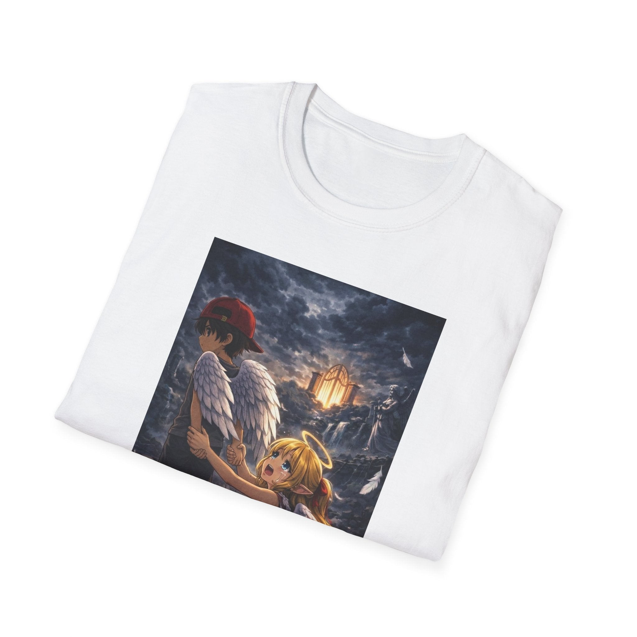 Anime Fantasy T-Shirt — Winged Child and Guardian Cottage Scene