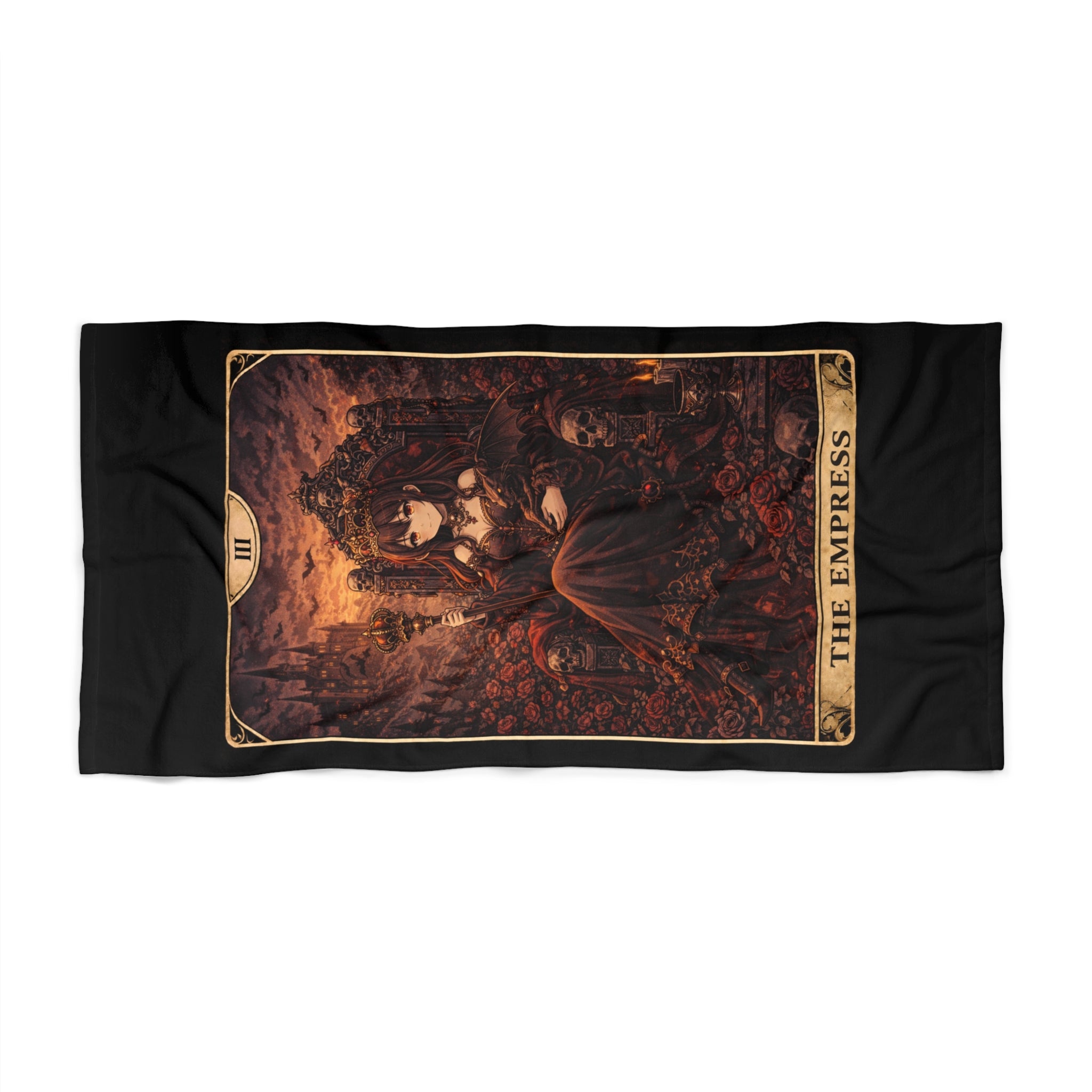 The Empress Tarot Beach Towel — Gothic Demon Card Design, Occult Bath & Pool Towel