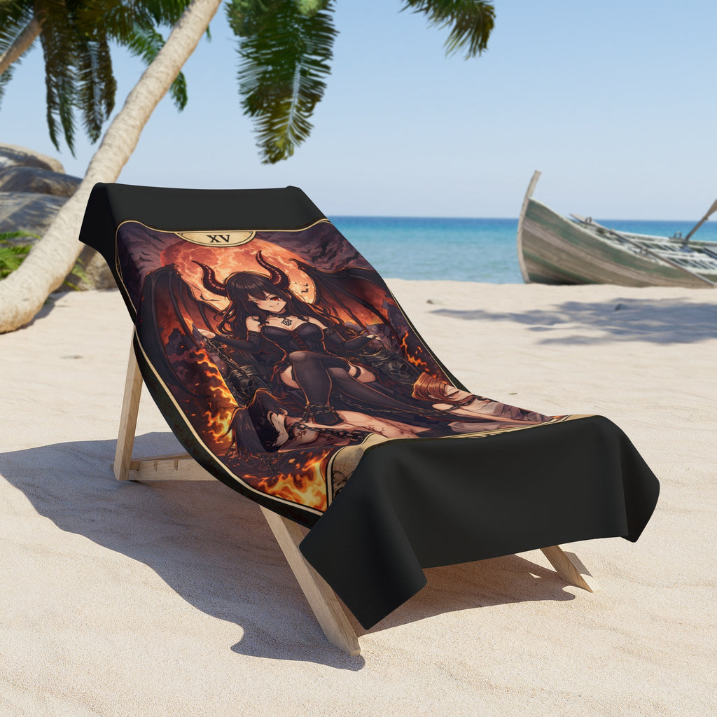 The Devil Tarot Beach Towel — Gothic Demon Card Design, Occult Bath & Pool Towel