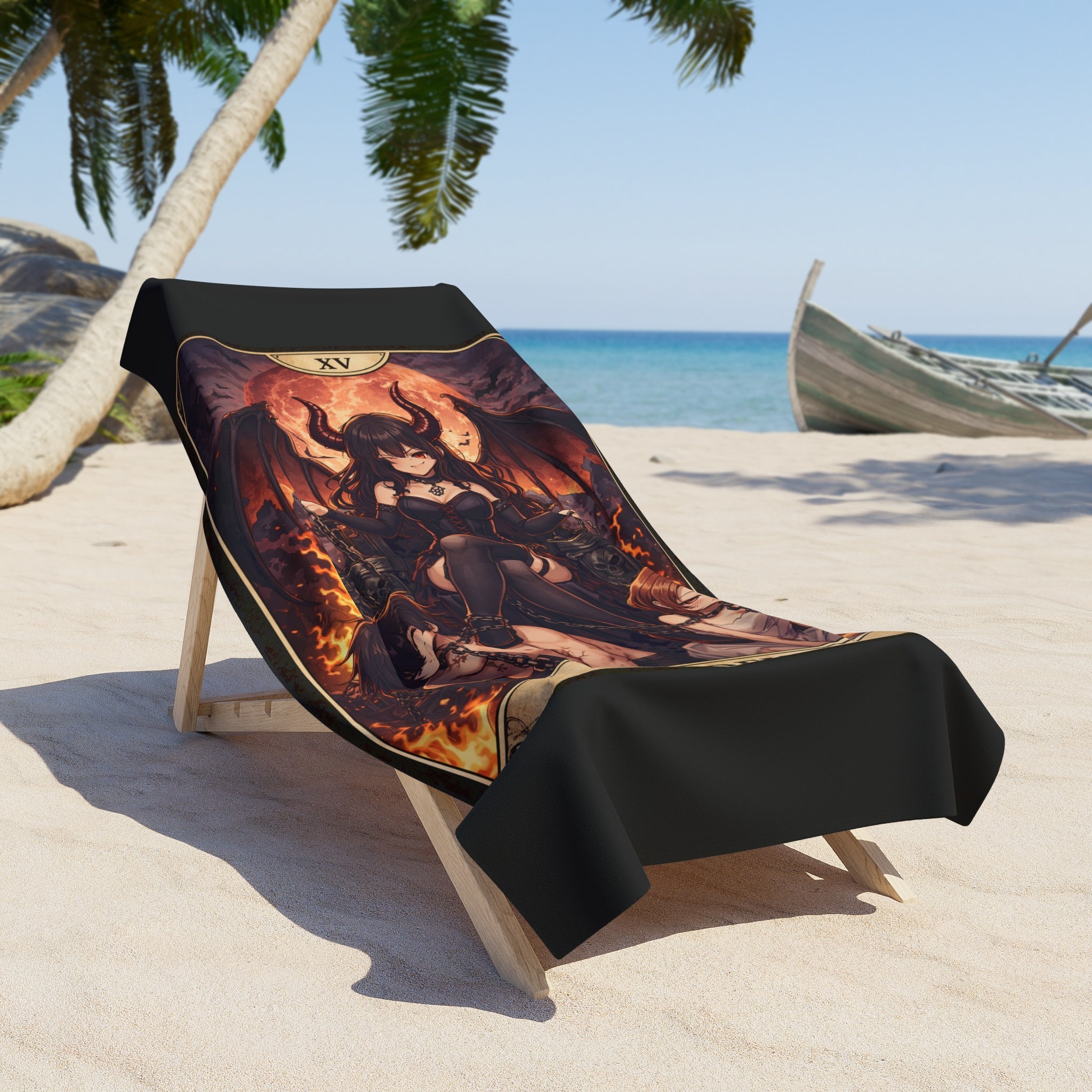The Devil Tarot Beach Towel — Gothic Demon Card Design, Occult Bath & Pool Towel