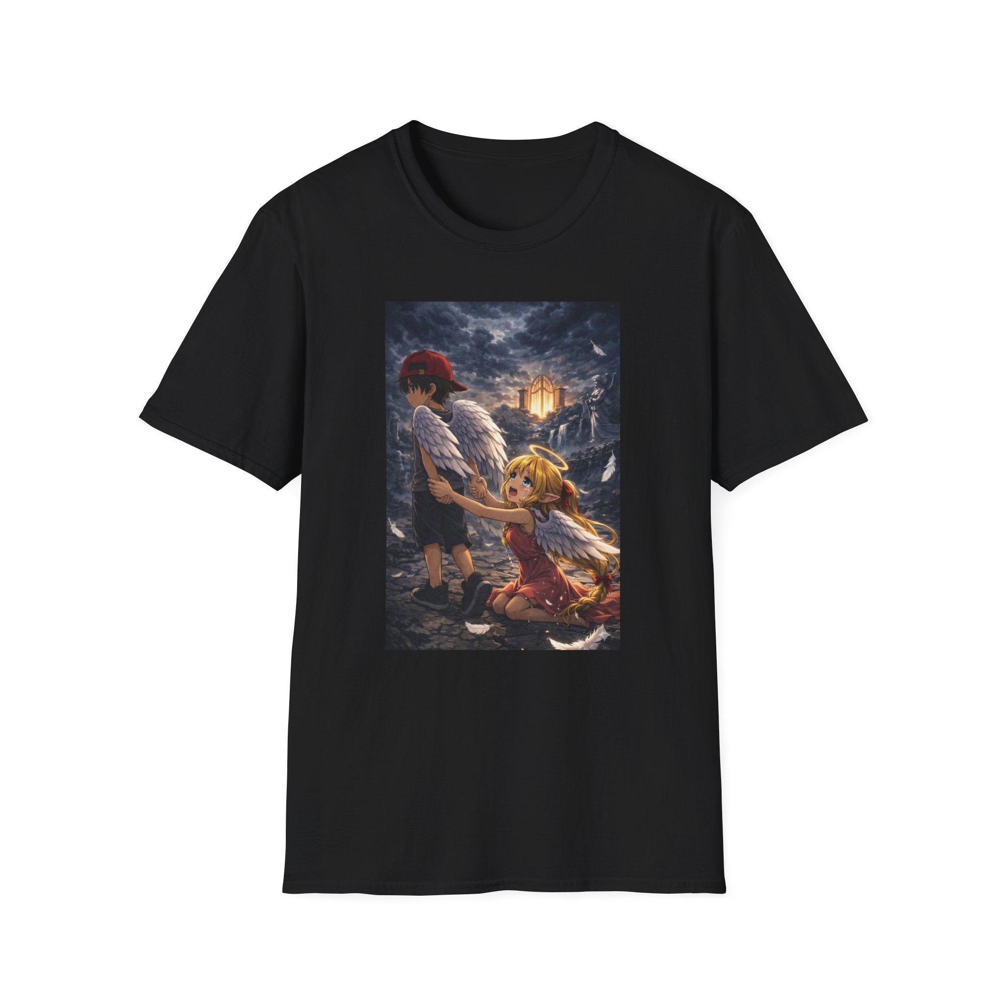 Anime Fantasy T-Shirt — Winged Child and Guardian Cottage Scene