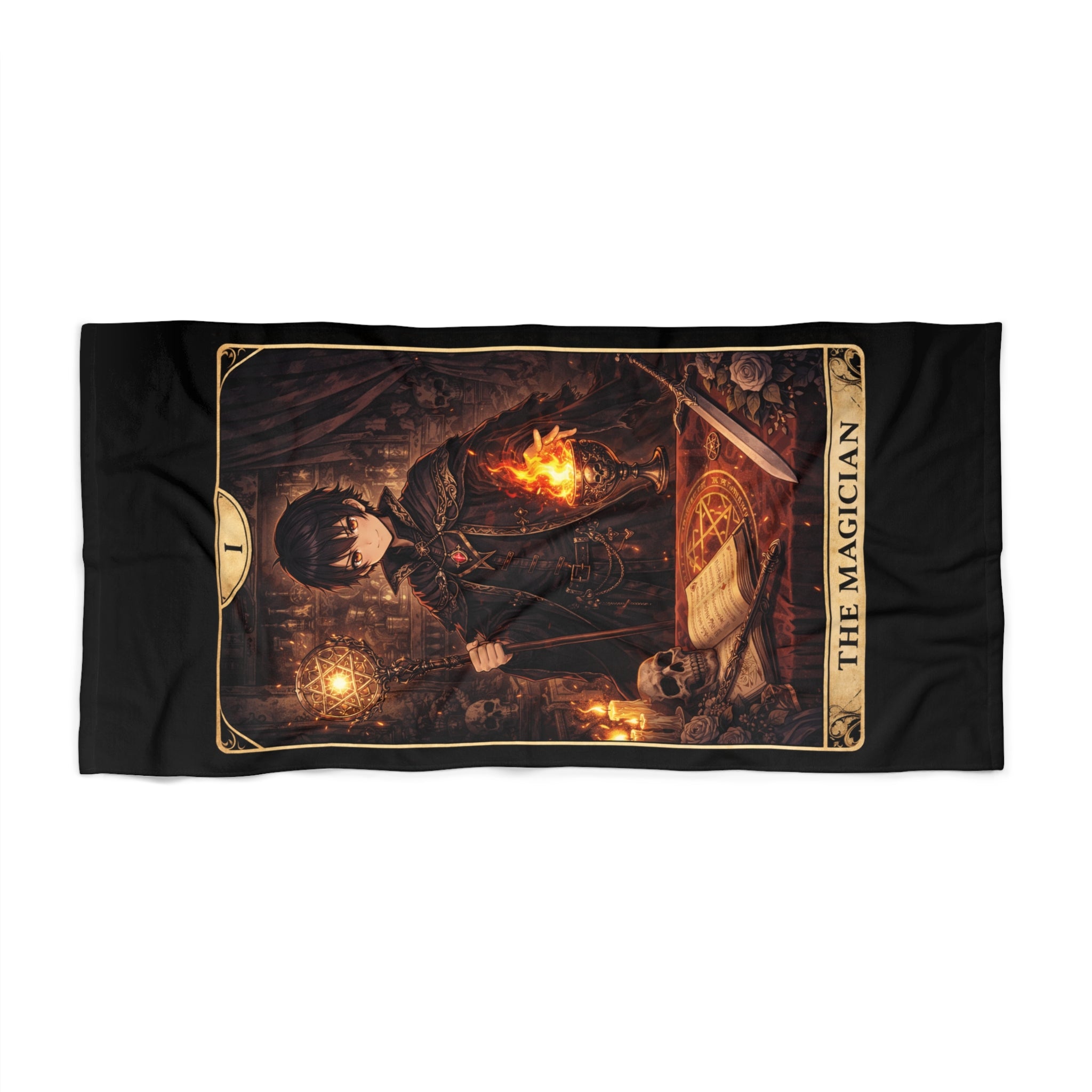 The Magicianl Tarot Beach Towel — Gothic Demon Card Design, Occult Bath & Pool Towel