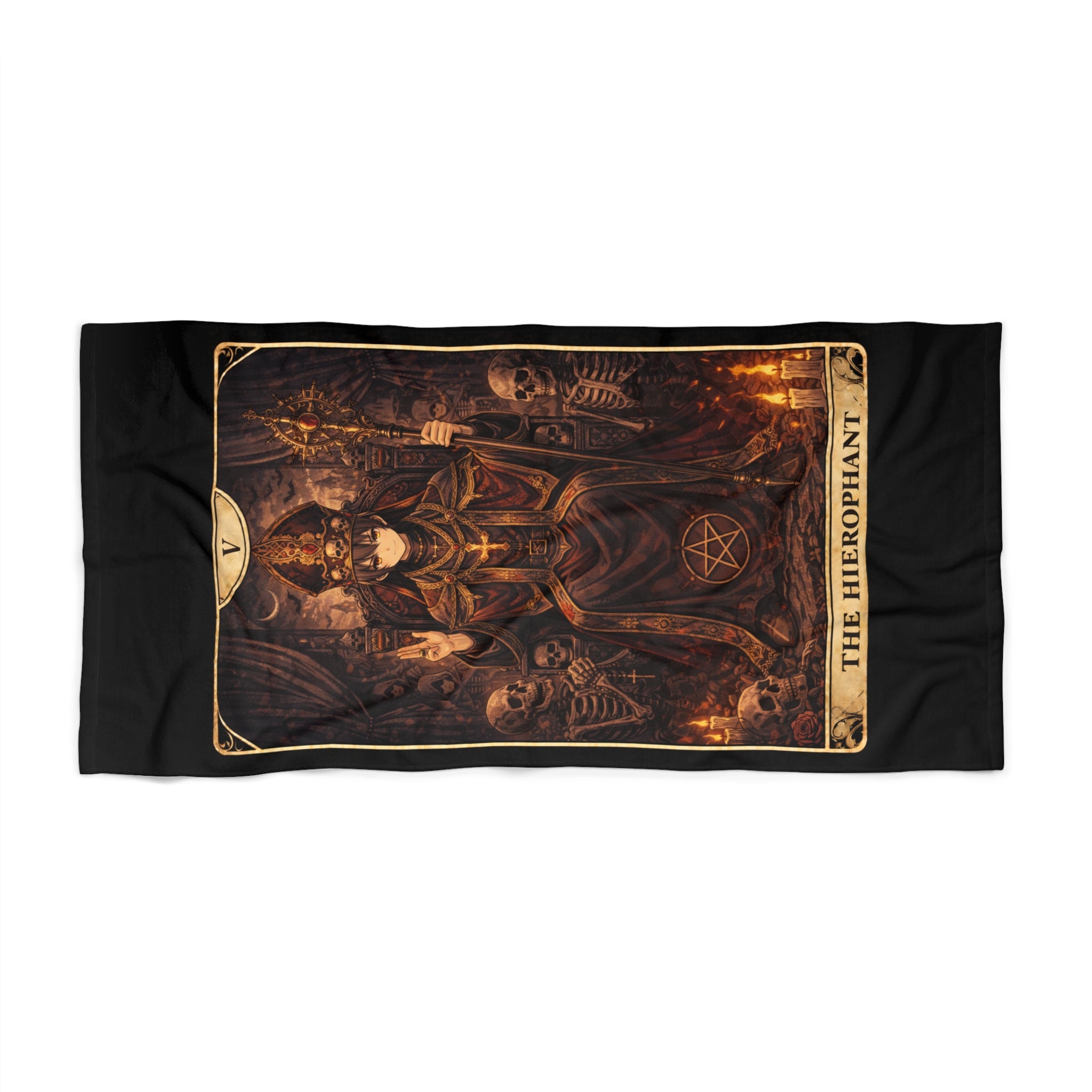 The Hierophant Tarot Beach Towel — Gothic Demon Card Design, Occult Bath & Pool Towel