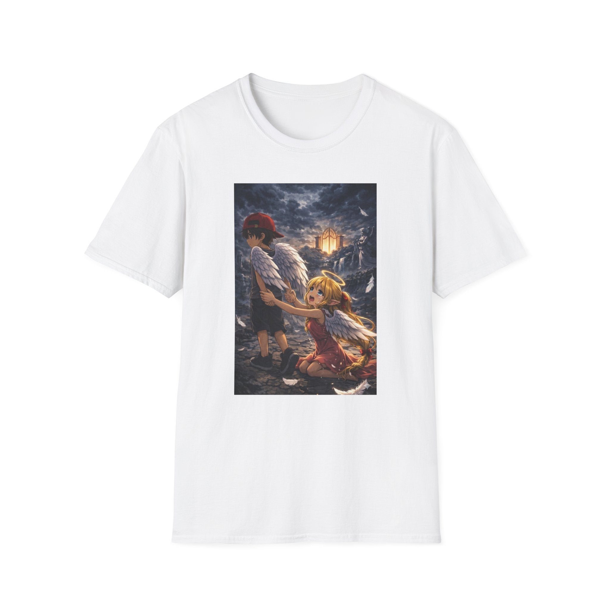 Anime Fantasy T-Shirt — Winged Child and Guardian Cottage Scene
