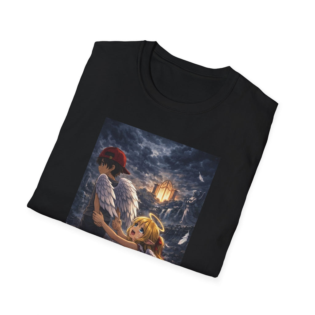 Anime Fantasy T-Shirt — Winged Child and Guardian Cottage Scene