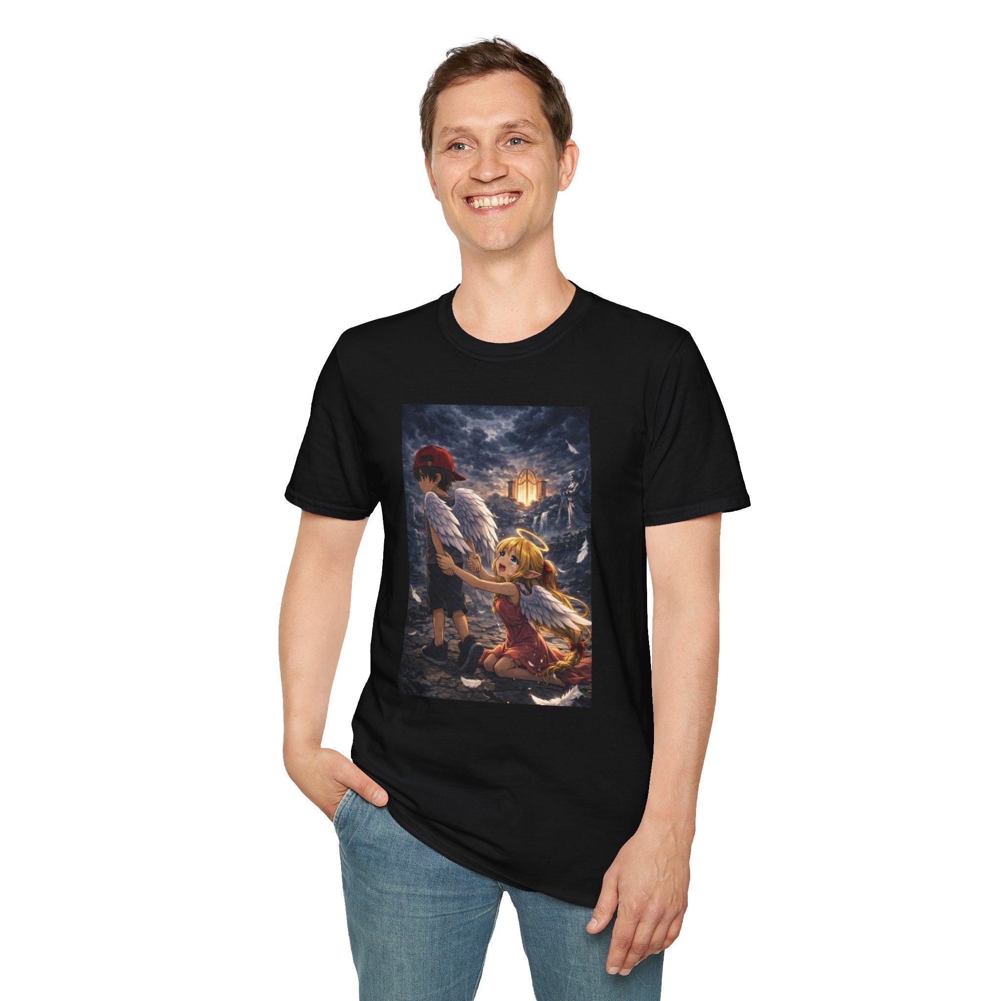 Anime Fantasy T-Shirt — Winged Child and Guardian Cottage Scene
