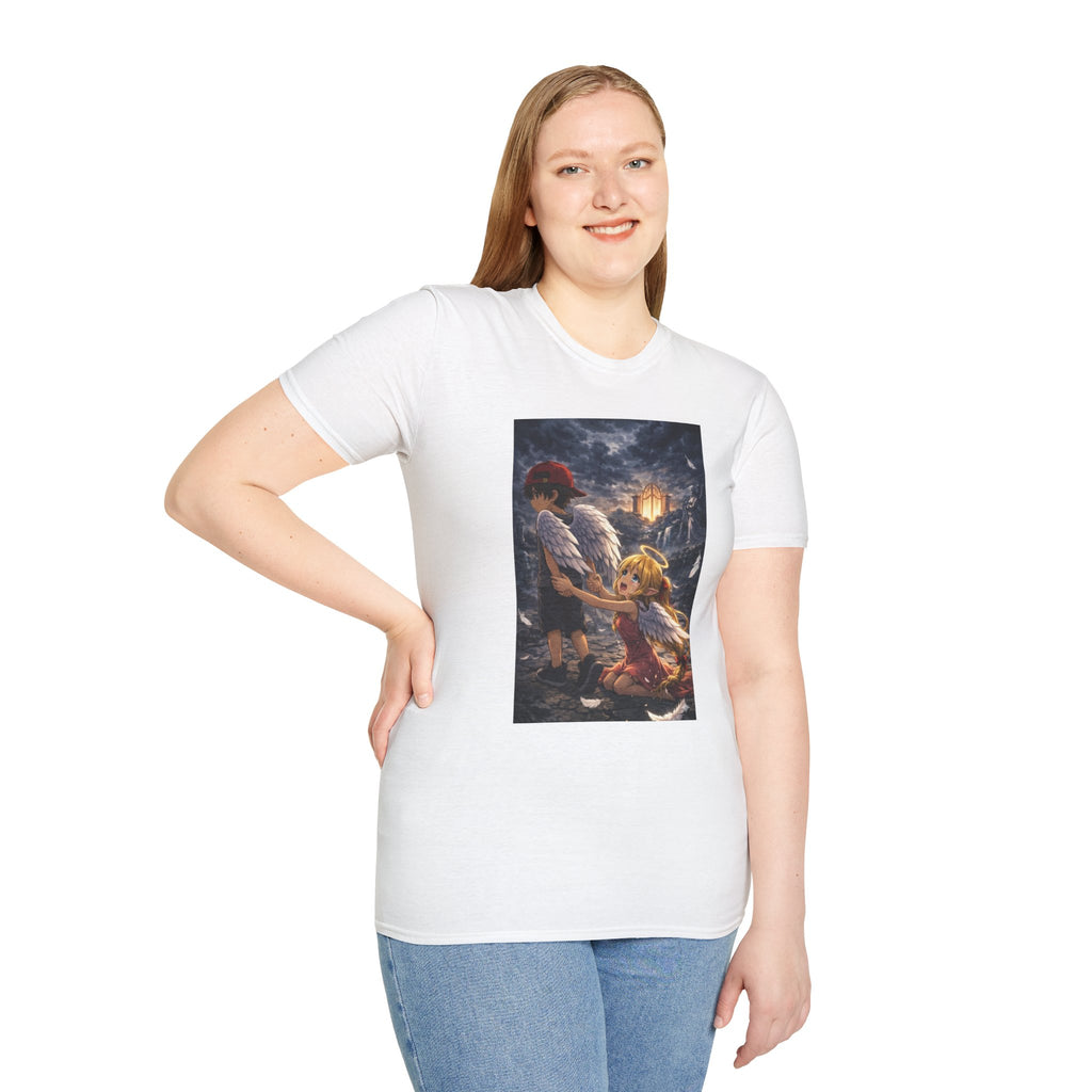 Anime Fantasy T-Shirt — Winged Child and Guardian Cottage Scene