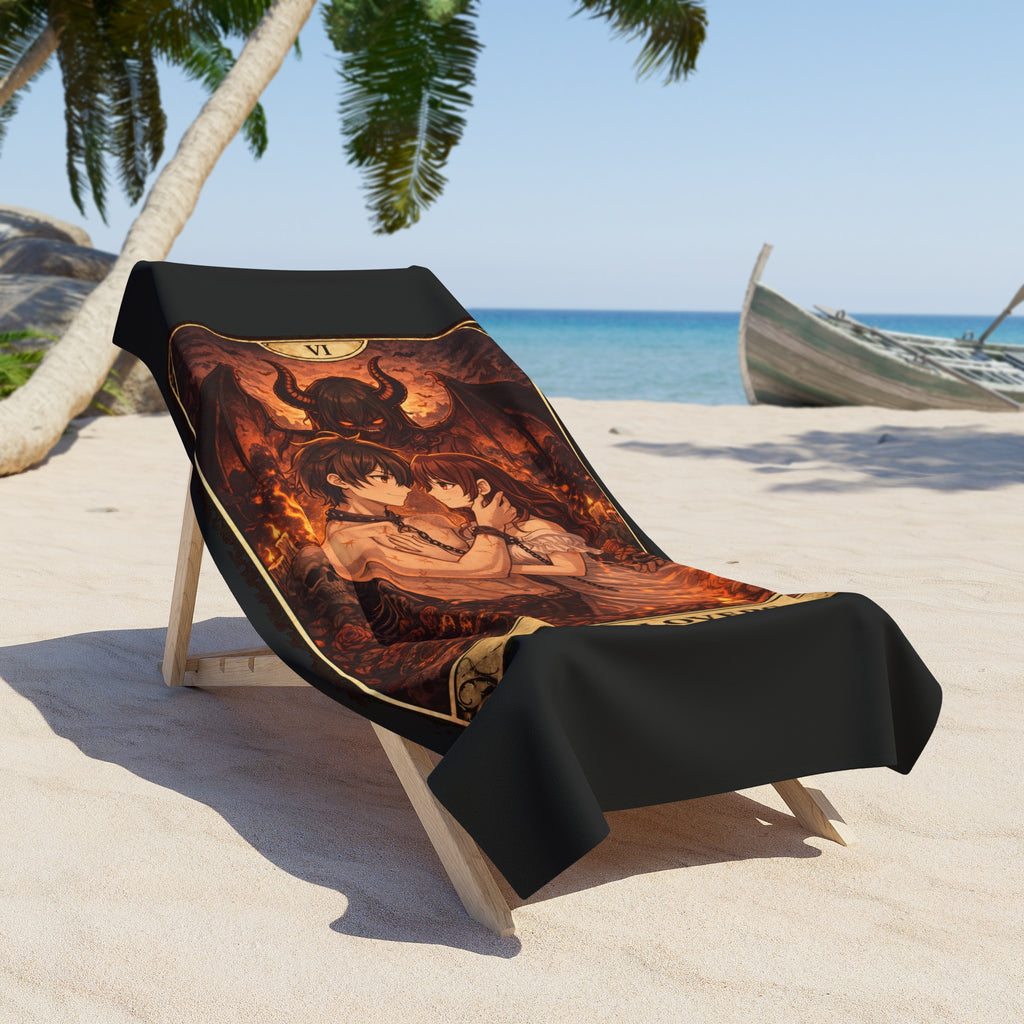 The Lovers Tarot Beach Towel — Gothic Demon Card Design, Occult Bath & Pool Towel
