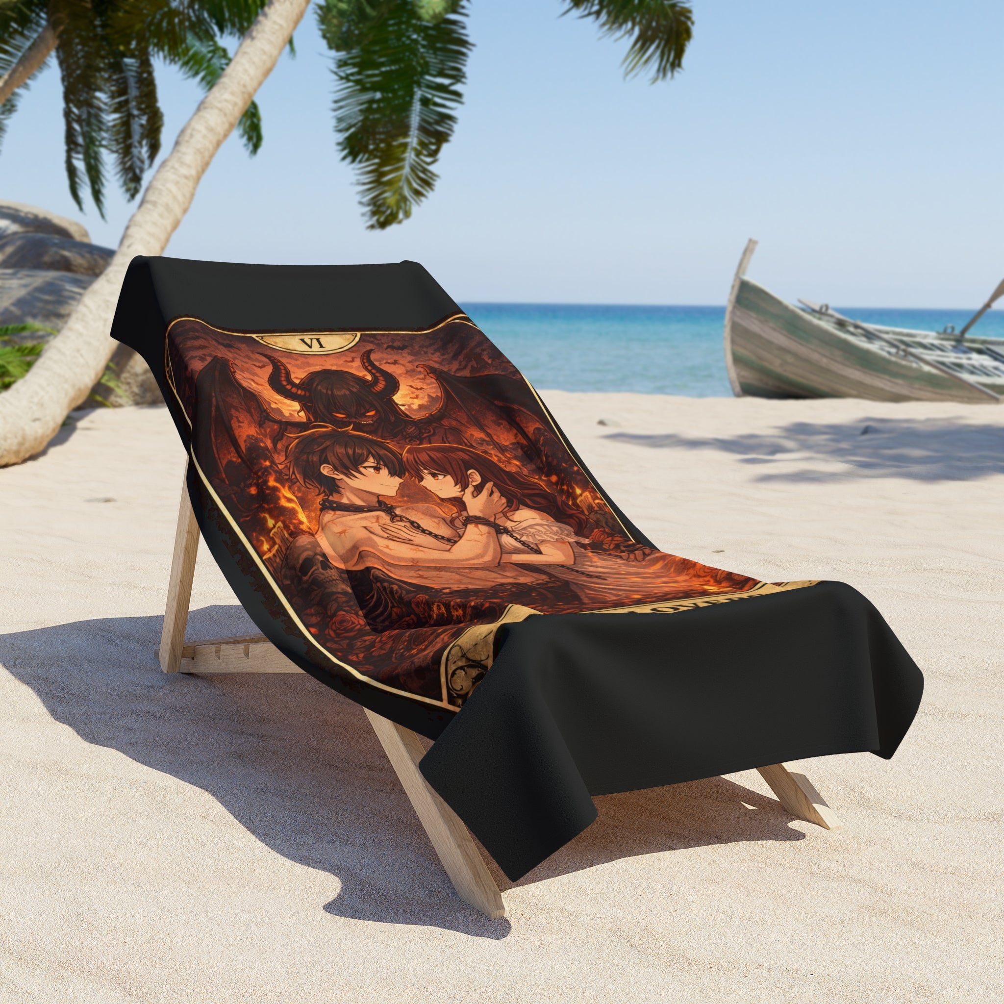 The Lovers Tarot Beach Towel — Gothic Demon Card Design, Occult Bath & Pool Towel