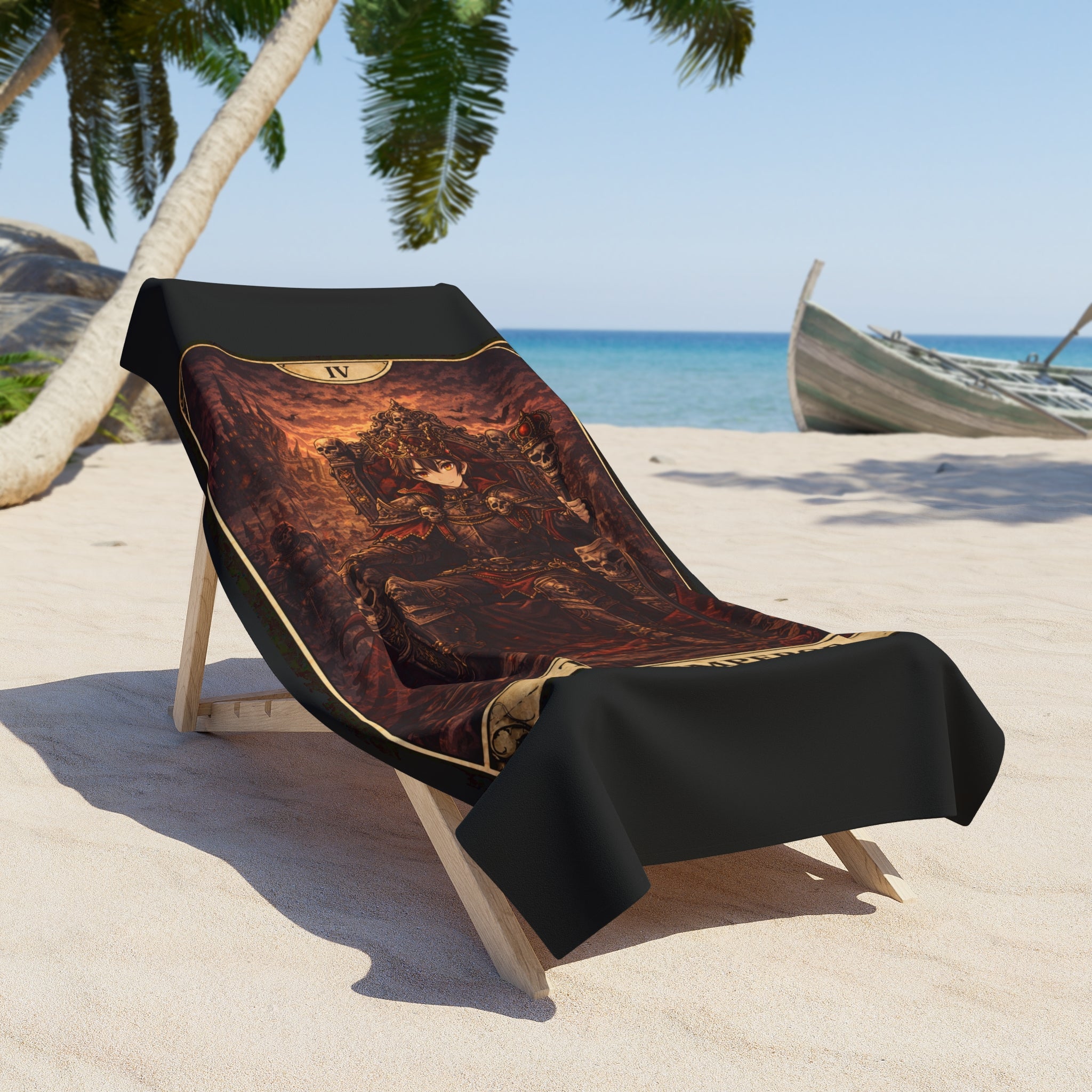 The Emperor Tarot Beach Towel — Gothic Demon Card Design, Occult Bath & Pool Towel