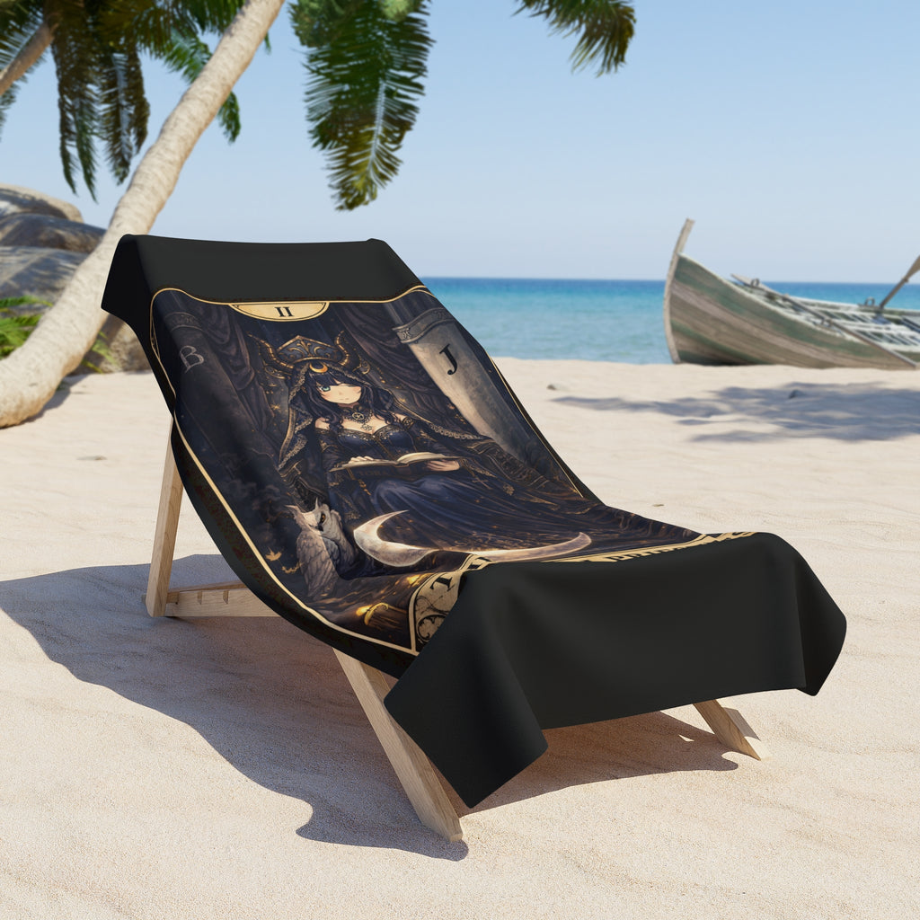 The high Priestess Tarot Beach Towel — Gothic Demon Card Design, Occult Bath & Pool Towel